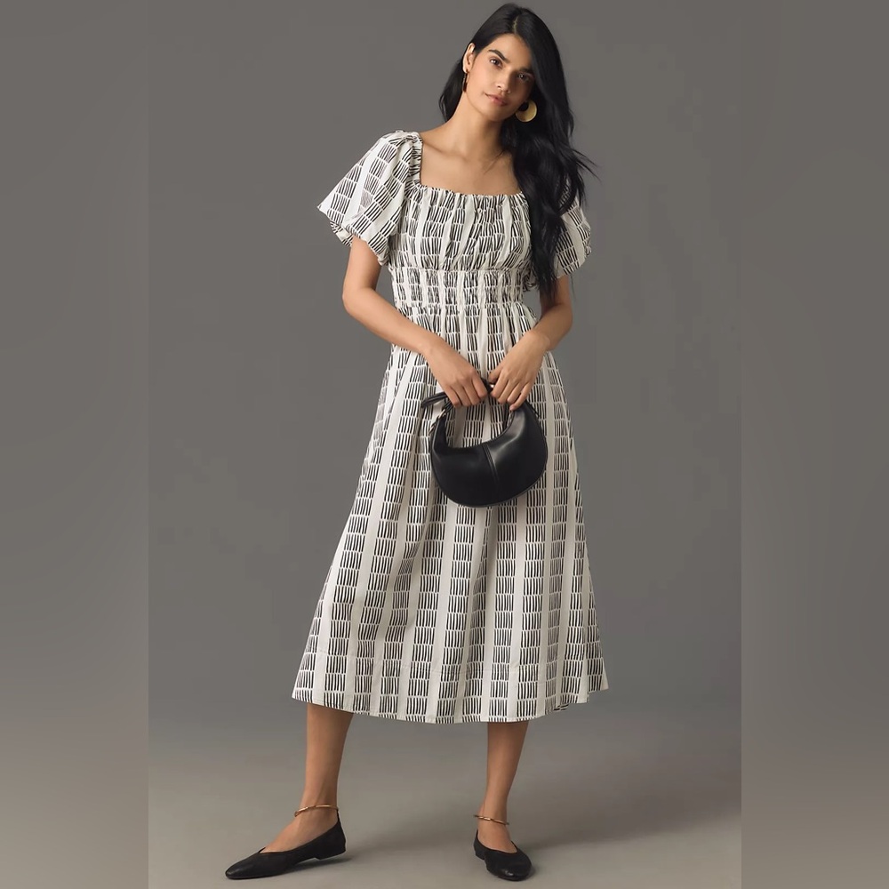 Anthropologie Maeve Puff-Sleeve Square-Neck Smocked Midi Dress Sz S